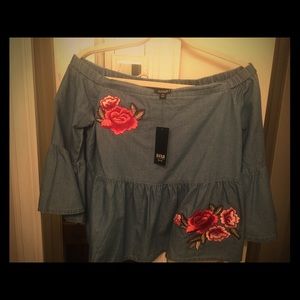 Beautiful chambray off-the-shoulder women’s shirt